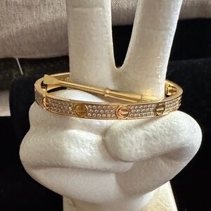 Gold Crystal Pavé Screw-Detail Bangle Bracelet
